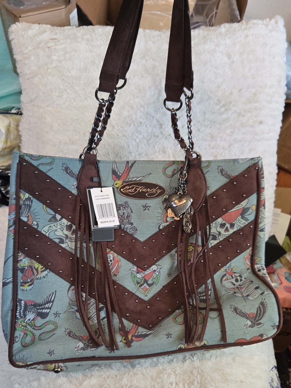 Ed Hardy Teal & Brown Fringe Tote with Tattoo-Print